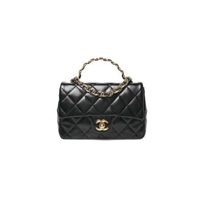 CHANEL SHINY LAMBSKIN QUILTED GOLDEN LINKS TOP HANDLE FLAP BLACK AS1160 (20*13*5cm)